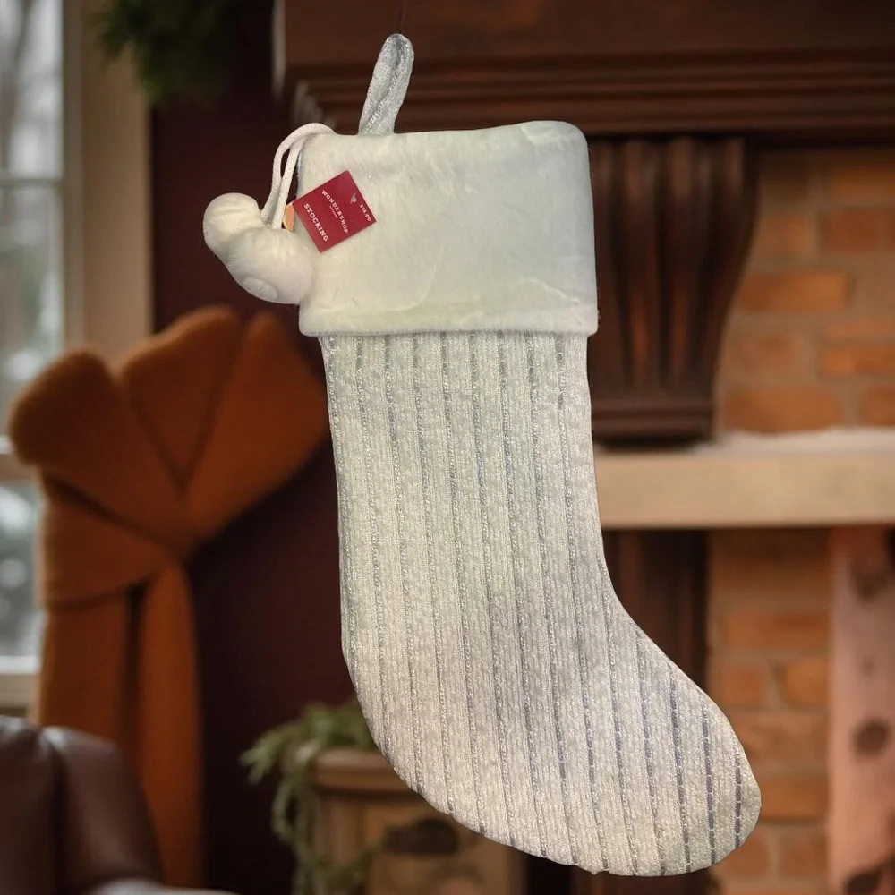 Wondershop Very Light Cream Christmas Stocking with Silver Stripes New with Tags